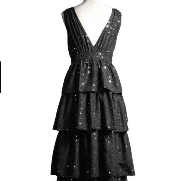 Black & Gold Sequins ruffle tiered Havana Dress by Traffic People Medium NWT - Picture 12 of 13